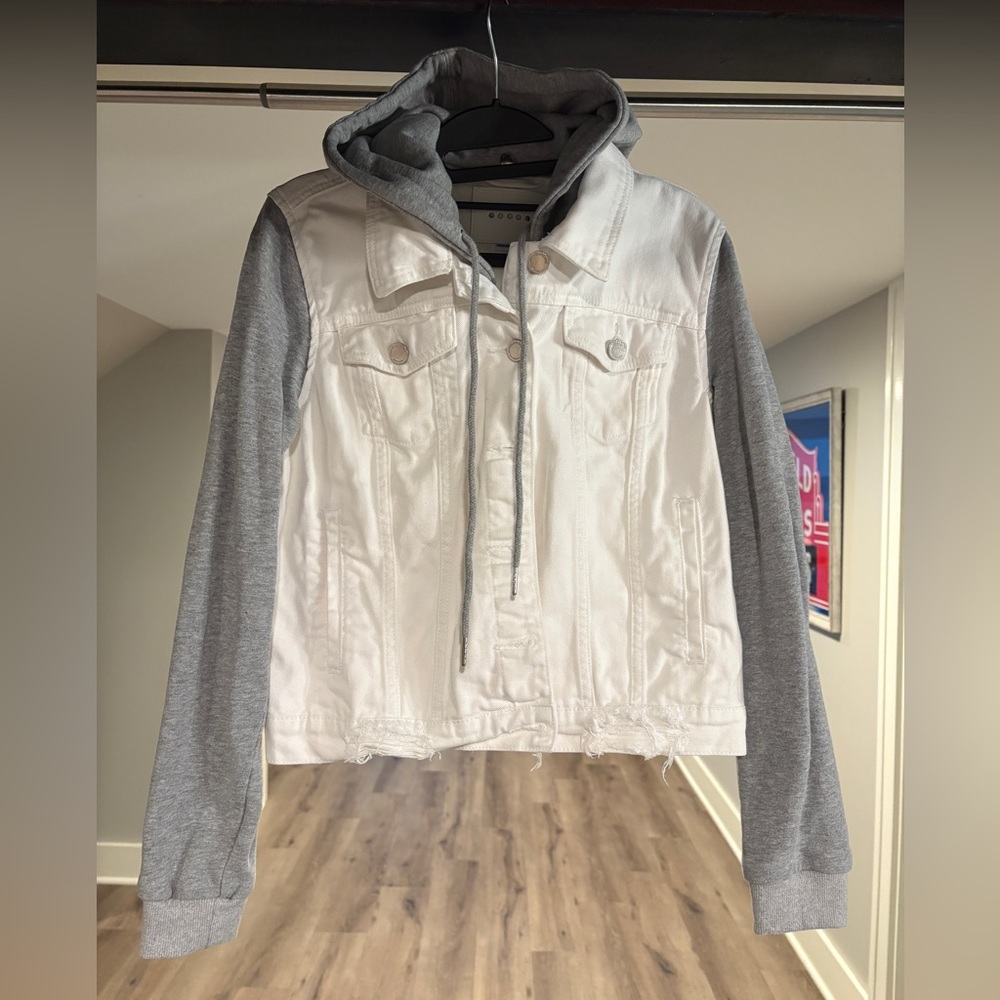 Blank NYC White Denim and Gray Sweatshirt Hooded Denim Jacket